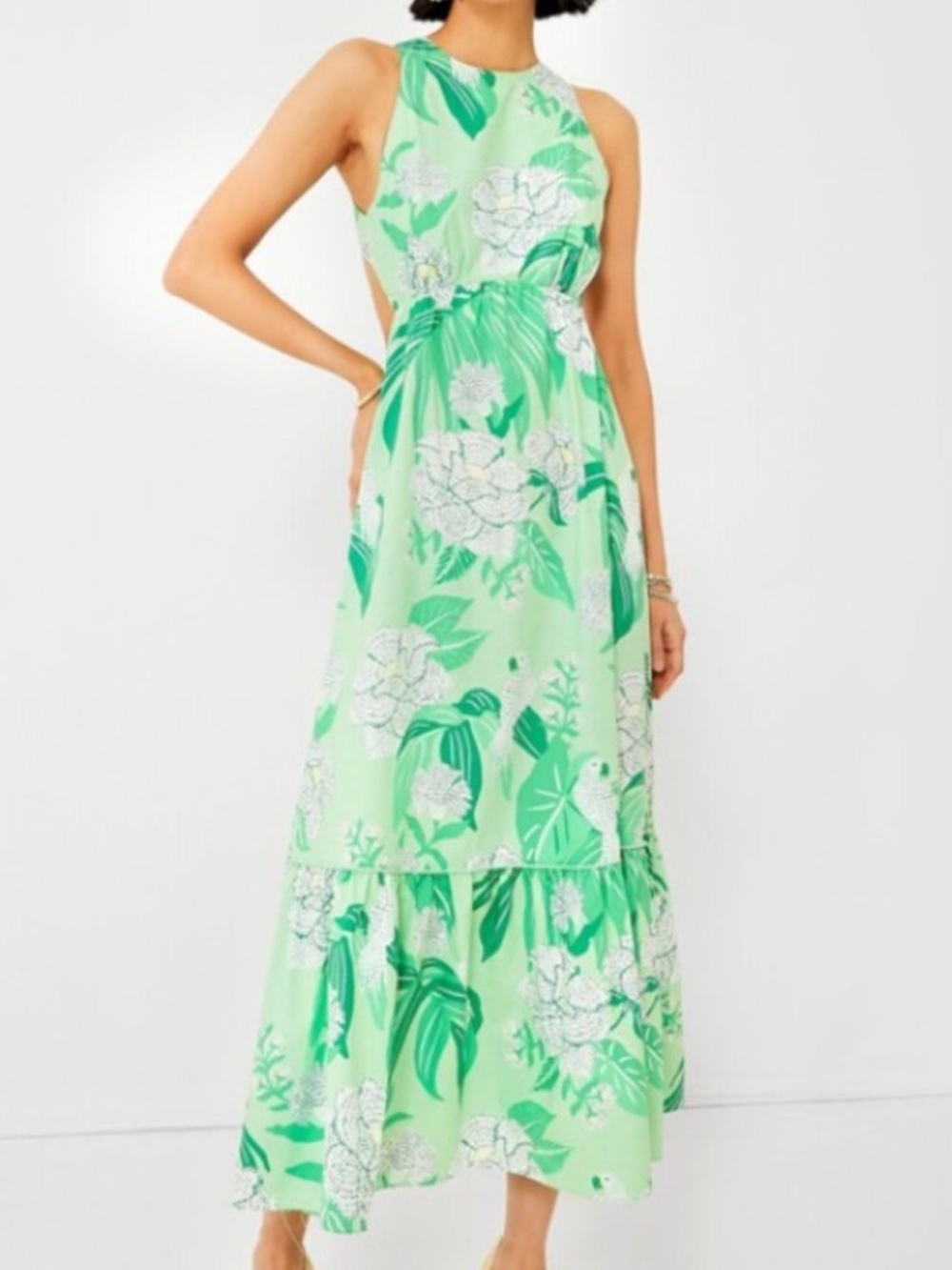 FARM Rio Lime Green Floral Cutout-Back Tiered Midi Dress (XS)